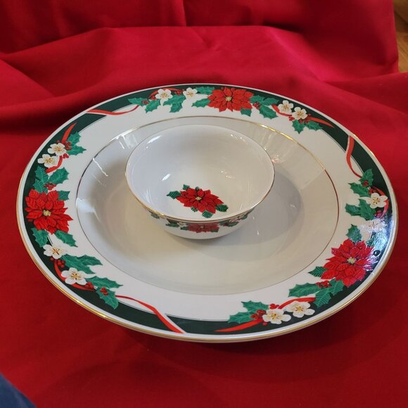 Tienshan Deck The Halls Christmas Poinsettia Serving Platter Bowl Set Chip Dip - Picture 6 of 8